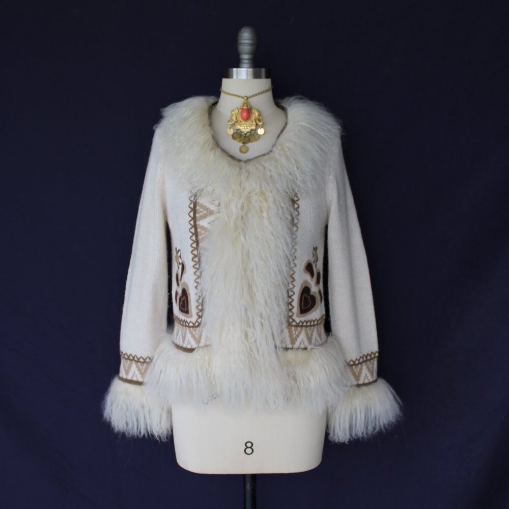 vintage Mongolian Curley lamb wool cardigan cowichan sweater jacket aplique M - Picture 4 of 12